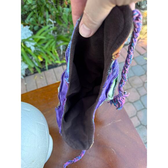 Handmade in Nepal Patchwork Beanie with Earflaps and Pom Poms Multicolor Hippie - Picture 6 of 7